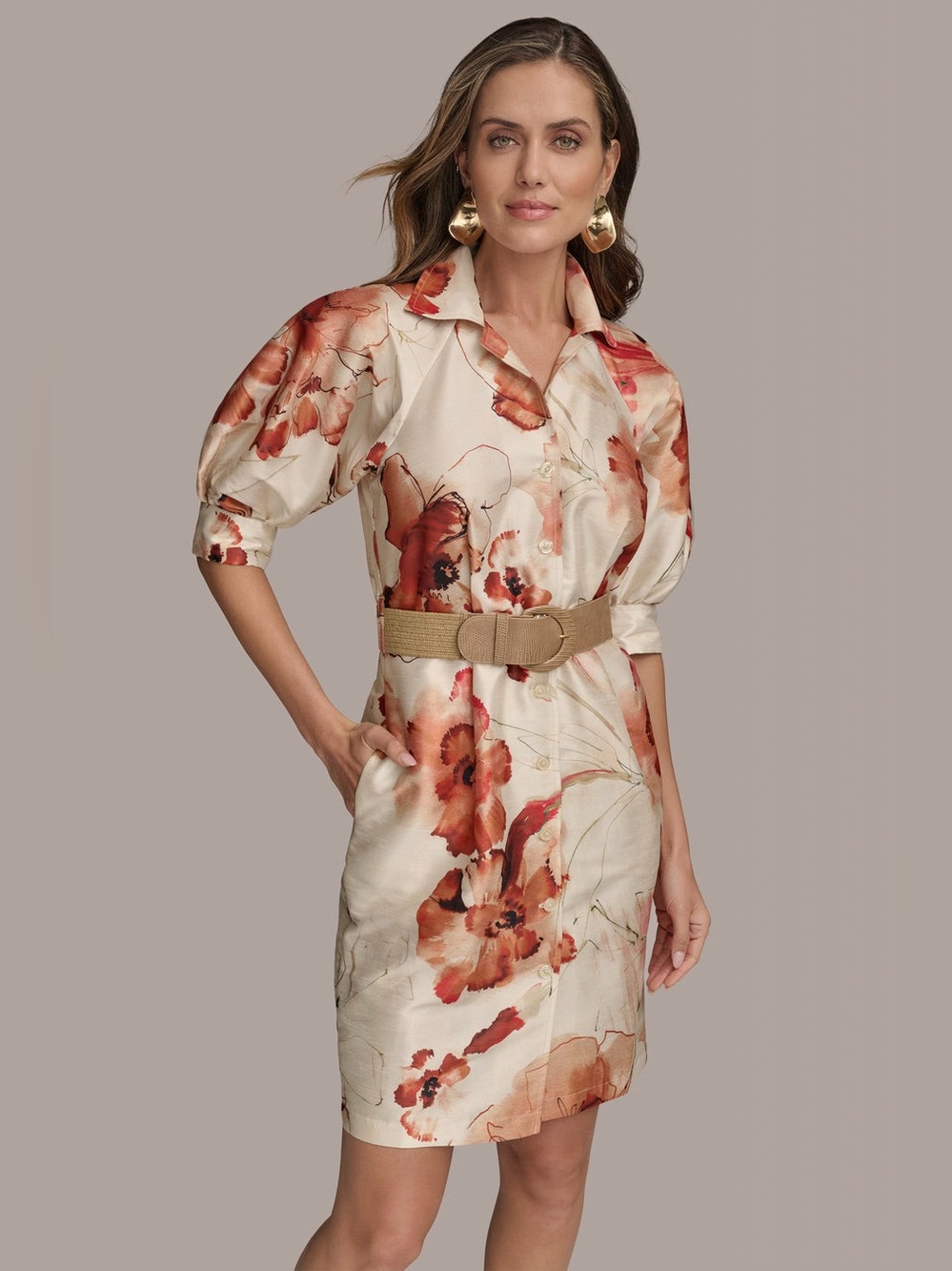NWT Donna Karan New York Belted Floral Mini Shirt Dress Cinnamon Multi Size 16